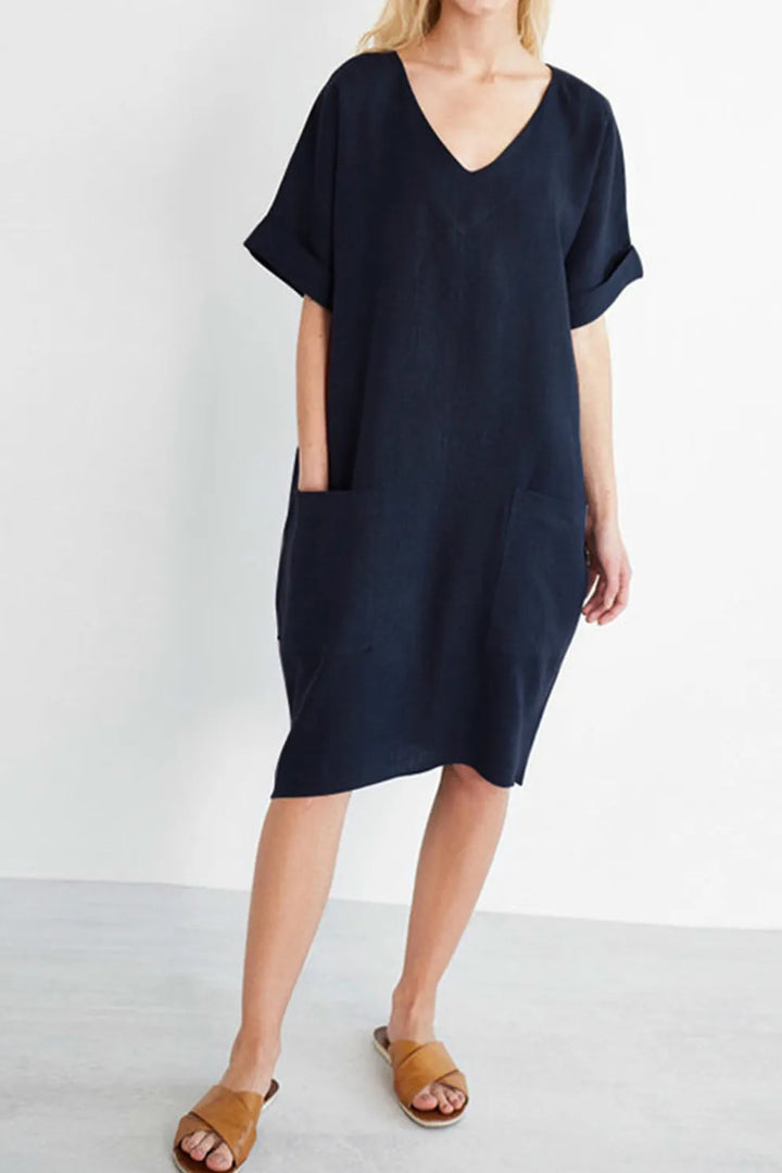 V Neck Short Sleeve Pocketed Cotton Dress
