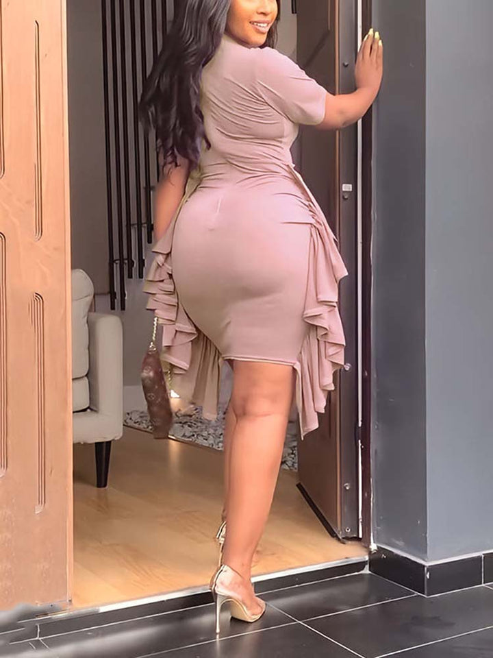 Solid Color Ruffle Bodycon Dress Pink / XL