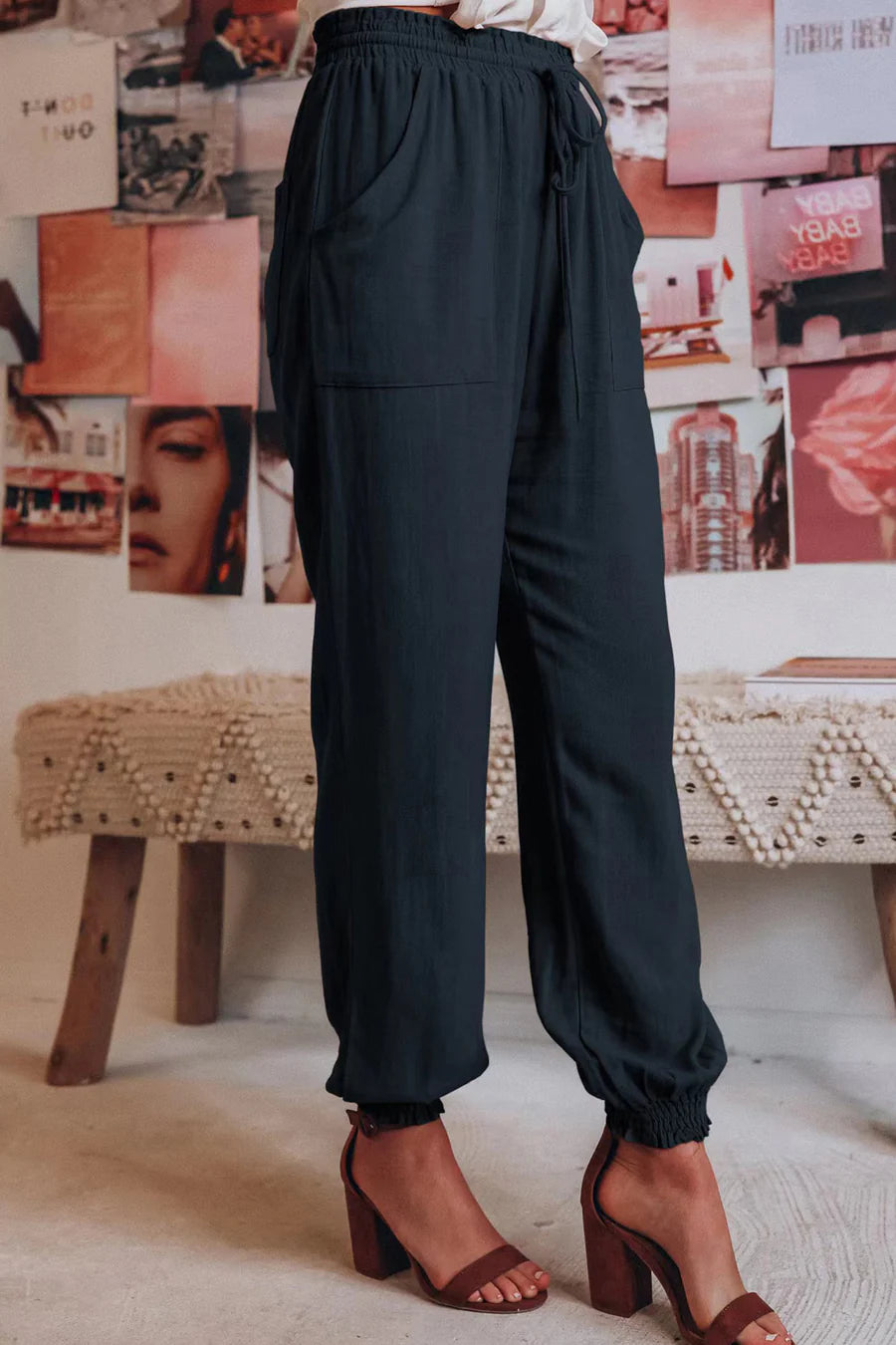 Drawstring Solid Color Loose Long Pants
