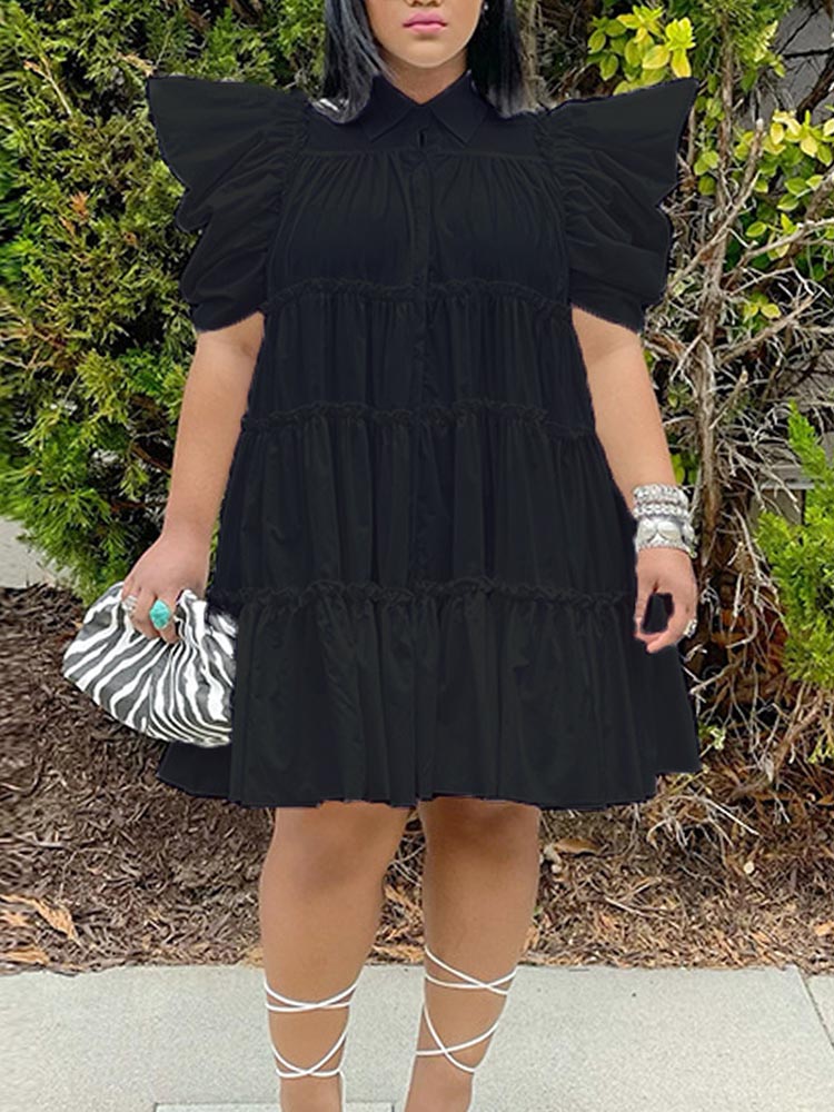 Puff Sleeve Ruffle Shirt Dress Green / L