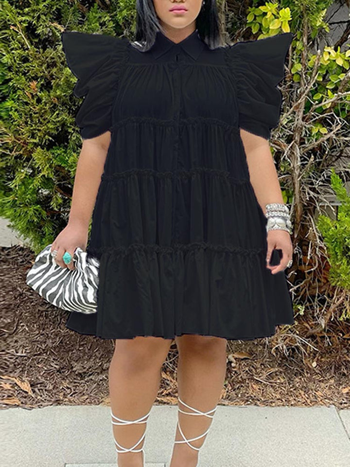 Puff Sleeve Ruffle Shirt Dress Green / L