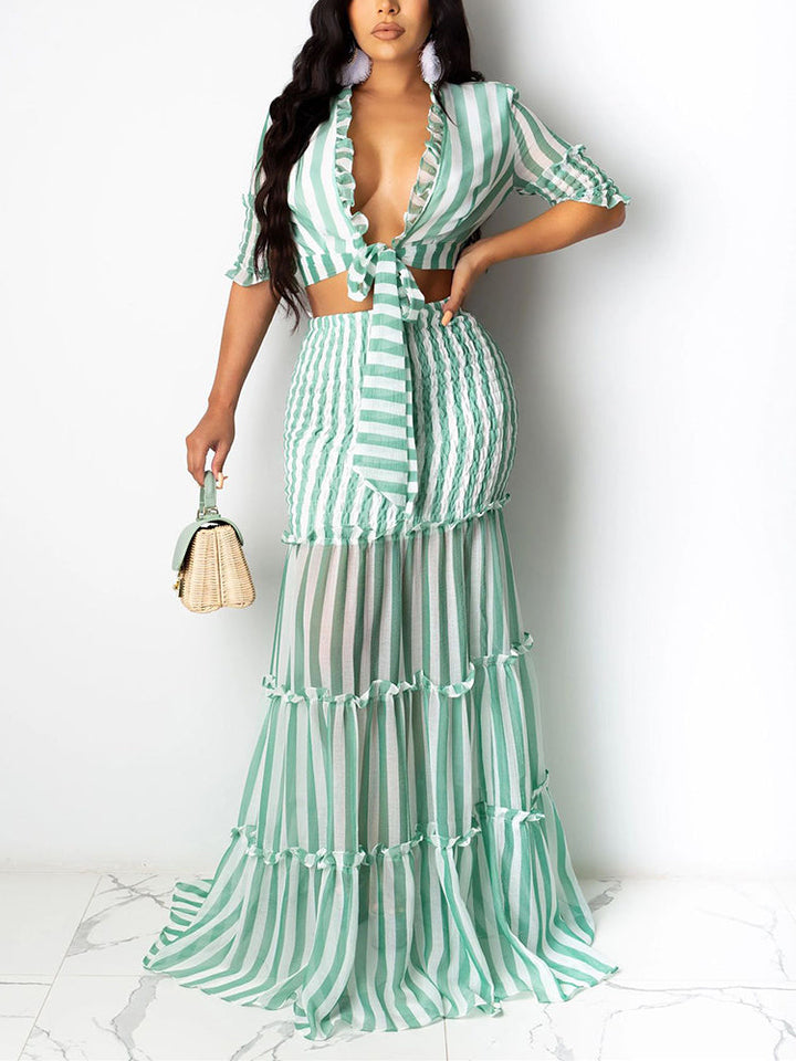 Striped Crop Top Ruffle Skirt Set Blue / 2XL