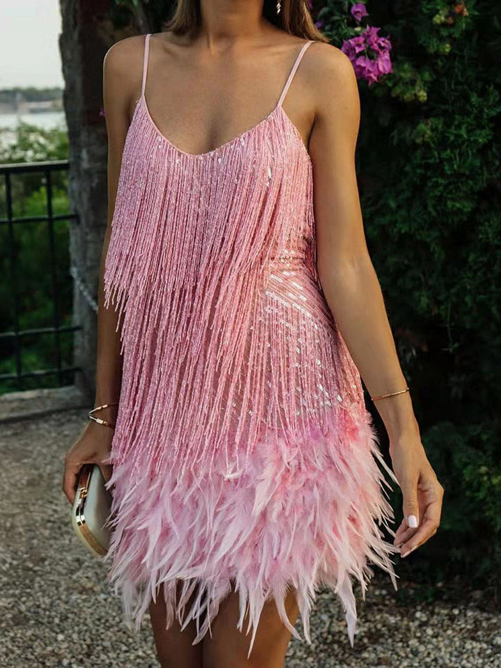 Feather Sequin Camisole Dress White / 2XL