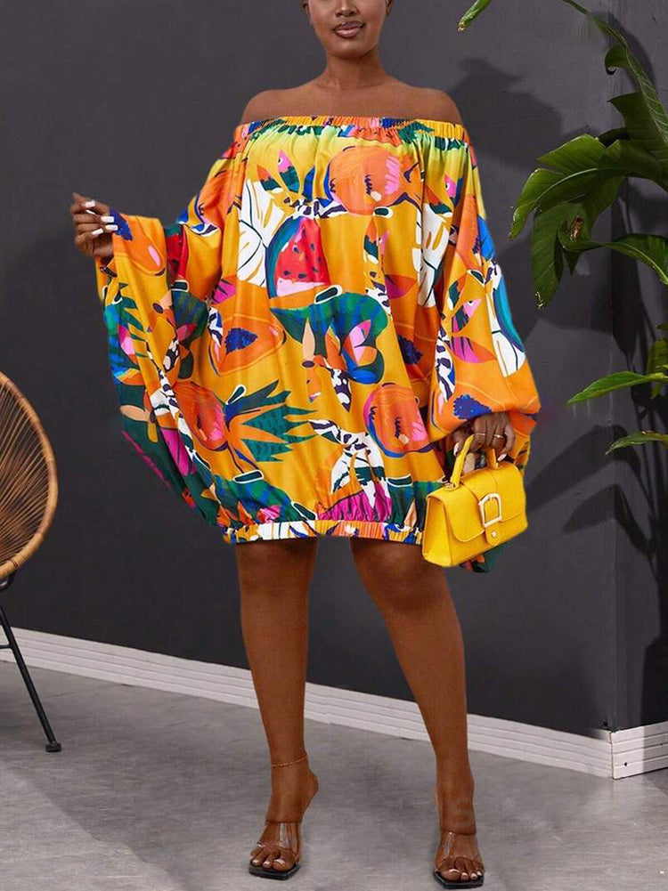 Off Shoulder Printed Dress Orange / L