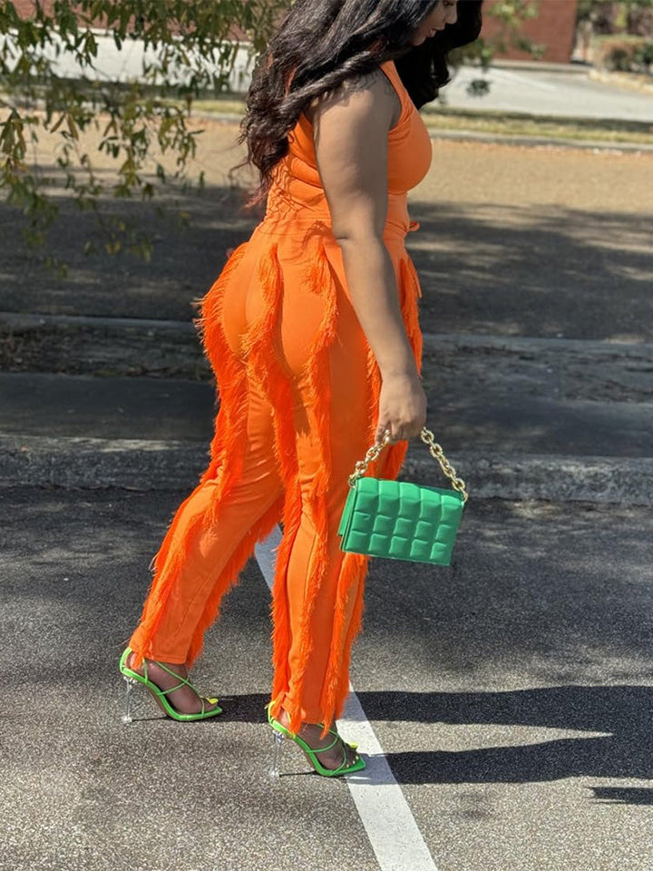 Sleeveless Top Tassel Pants Set Rose / S