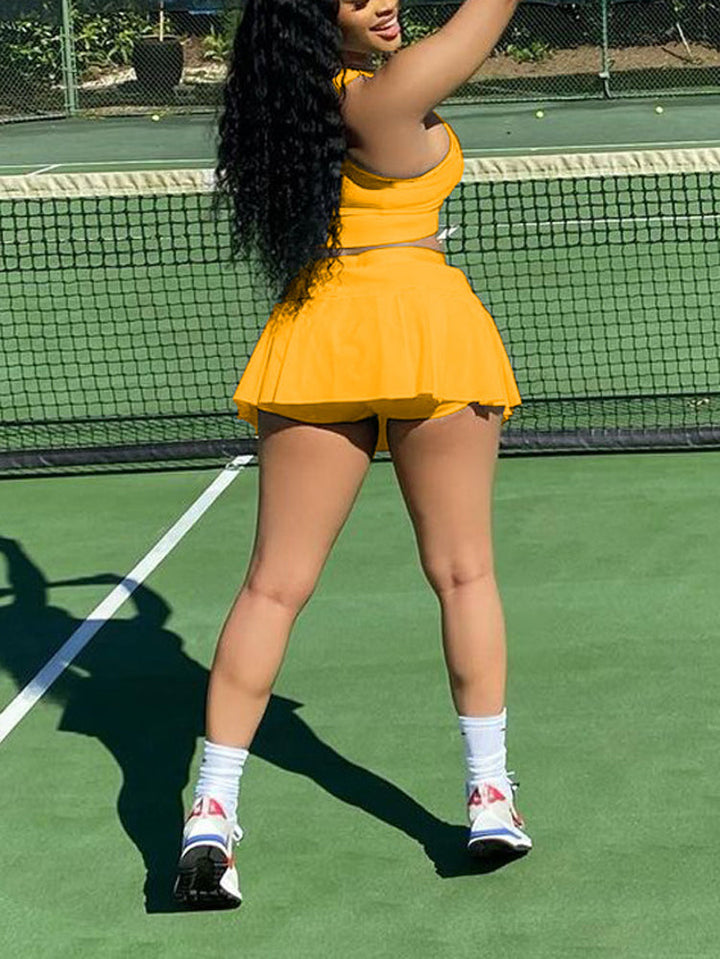 Sleeveless Top Pleated Skirt Set Yellow / S