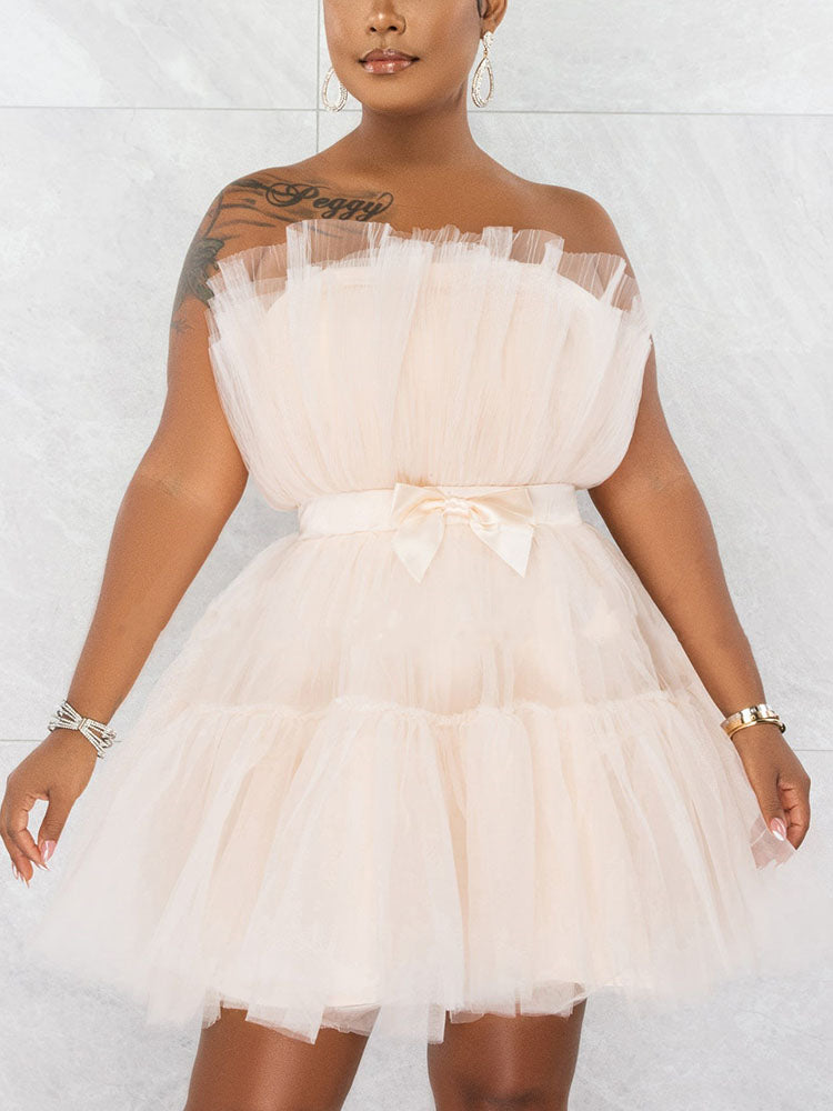 Bow Decor Layered Tulle Cocktail Dress Light Pink / S