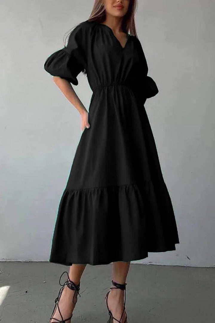 Half Sleeve V Neck High Waist Midi Dress