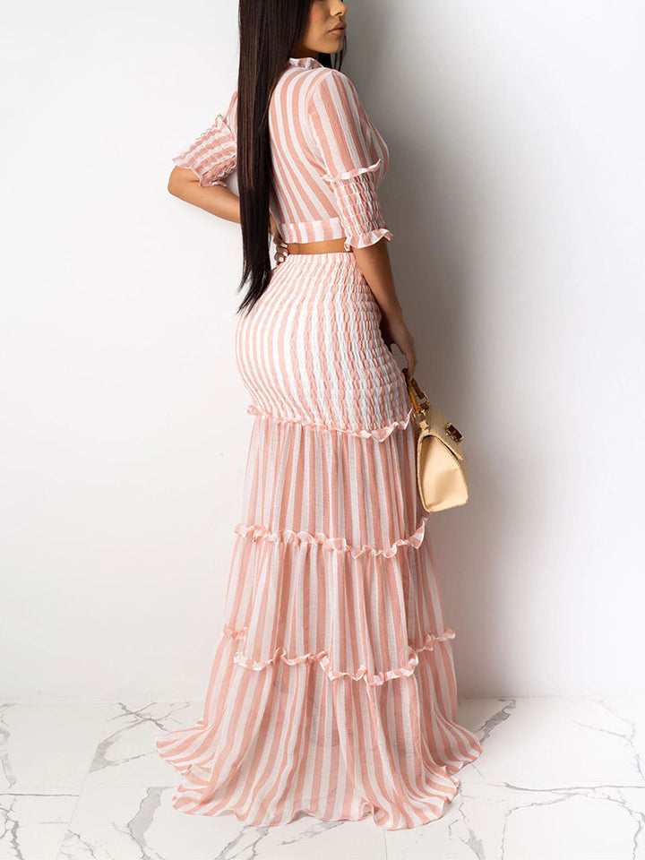Striped Crop Top Ruffle Skirt Set Pink / S