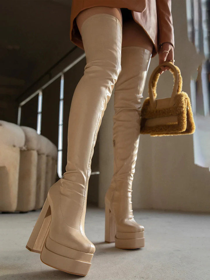 PU Platform Heel Thigh High Boots