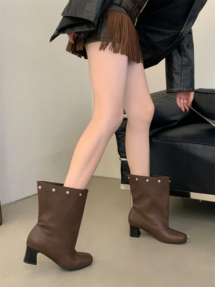 Riveted Detachable Round-Toe Long Boots