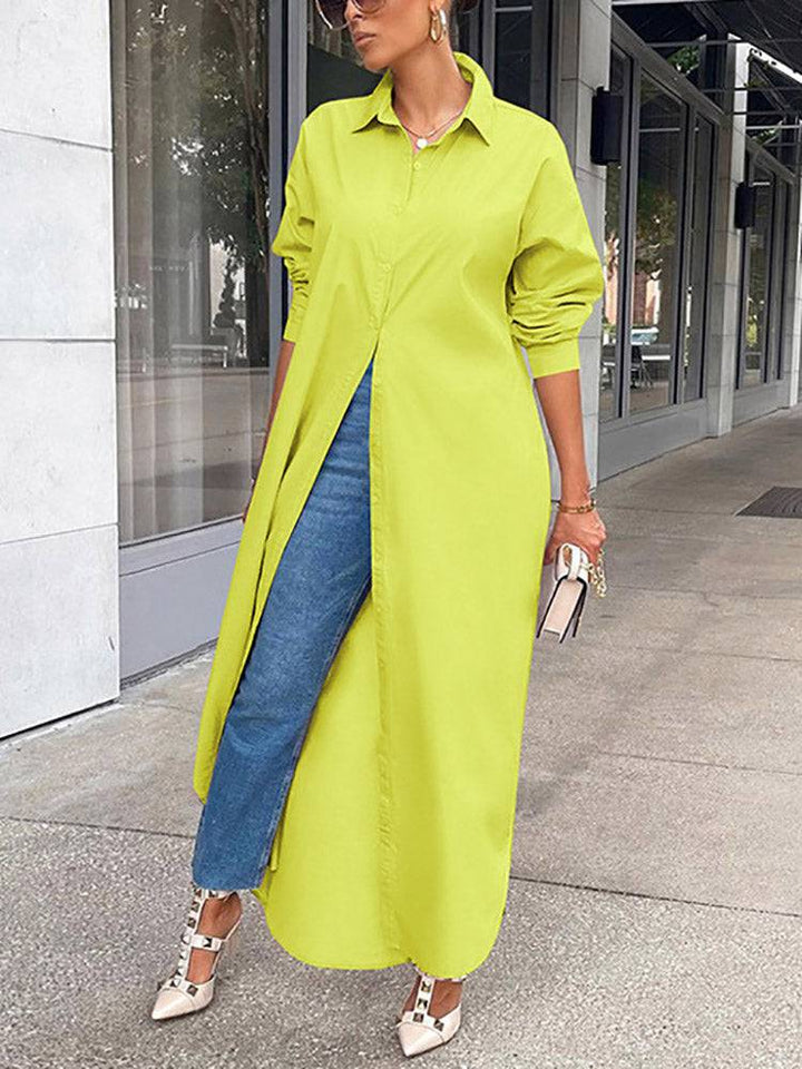 Solid Button Split Shirt Dress White / L