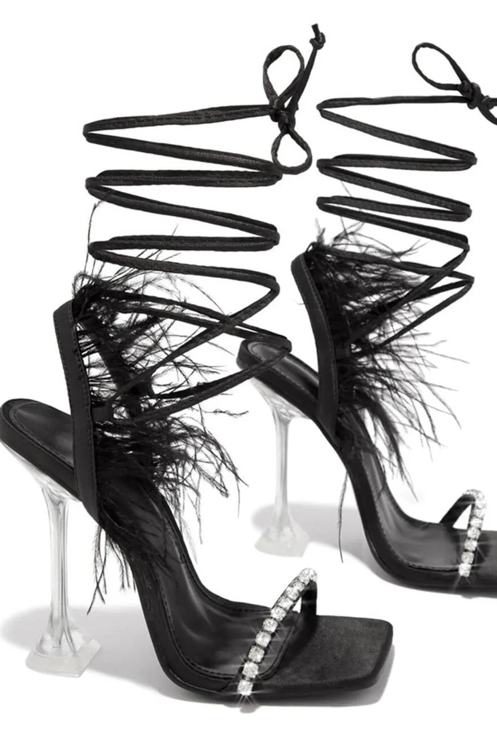 Rhinestone Feather Tie-up Square Toe Sandals