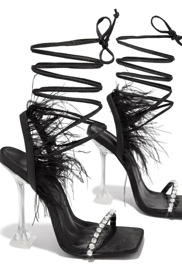 Rhinestone Feather Tie-up Square Toe Sandals