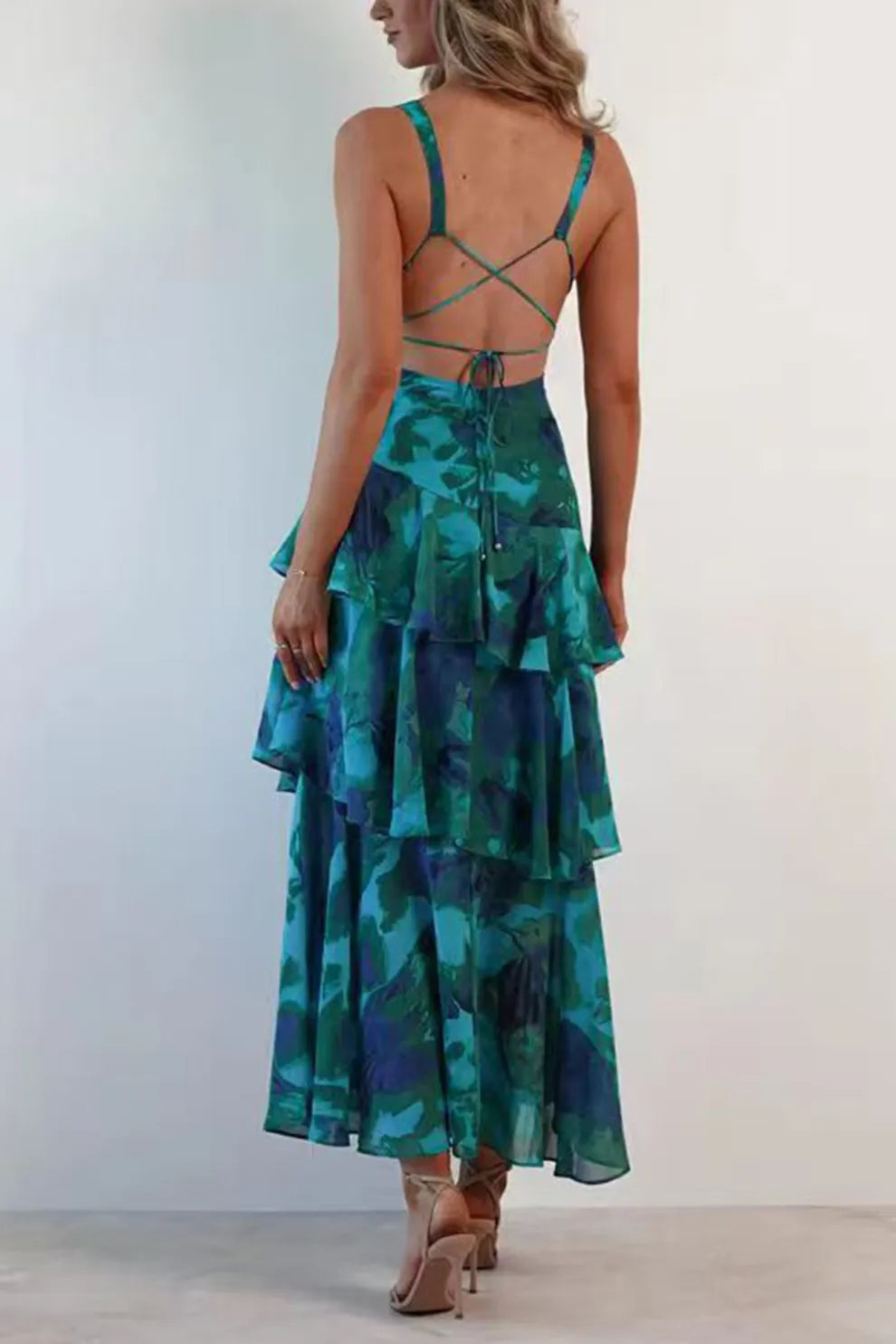 Floral Print Tie up Back Chiffon Tiered Dress