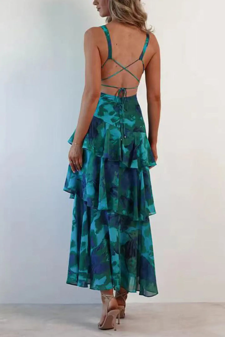 Floral Print Tie up Back Chiffon Tiered Dress