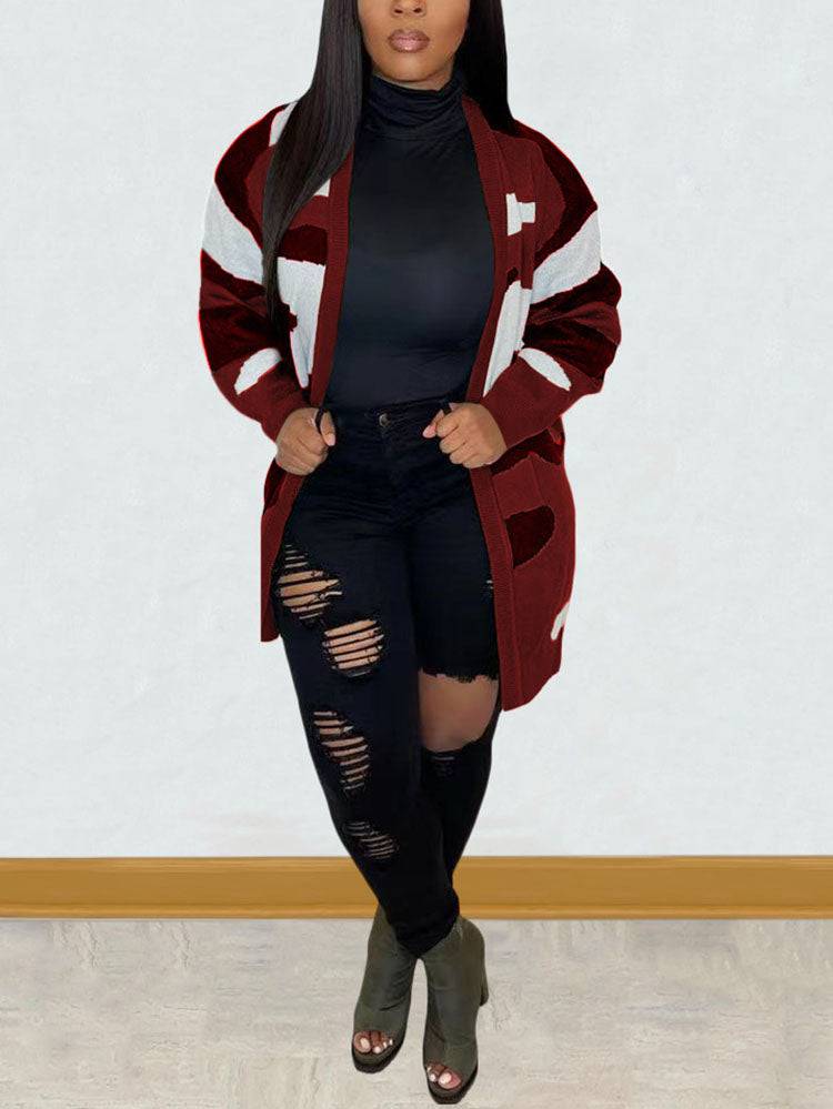 Camouflage Print Sweater Cardigan Pink / L