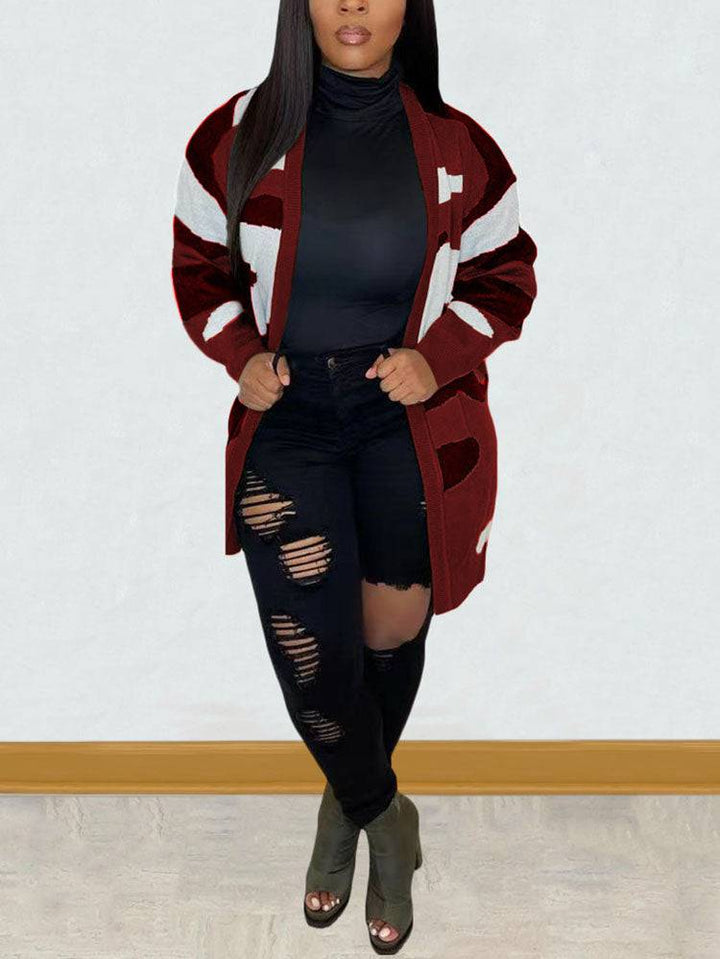 Camouflage Print Sweater Cardigan Pink / L