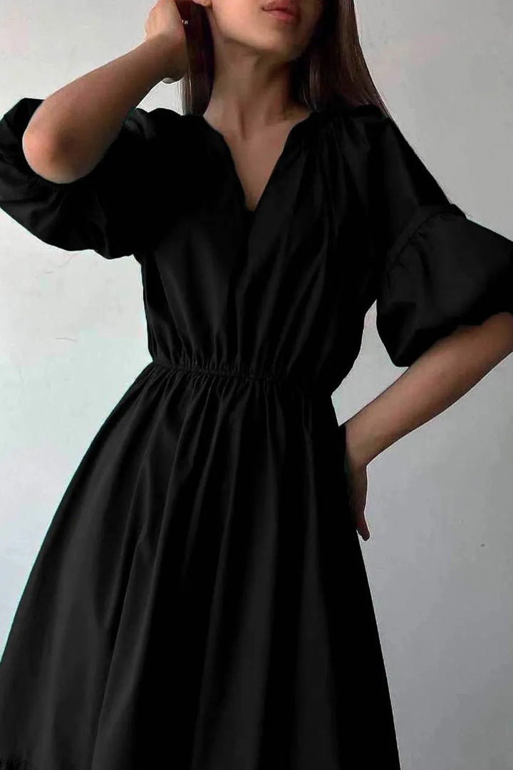 Half Sleeve V Neck High Waist Midi Dress