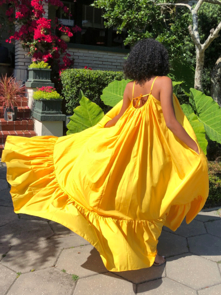 Spaghetti Strap Ruffle Maxi Dress Yellow / 5XL