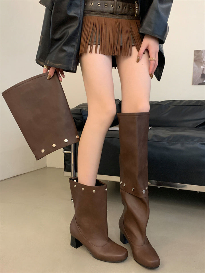 Riveted Detachable Round-Toe Long Boots