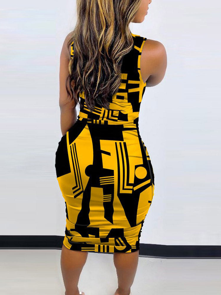 Print Sleeveless Pencil Midi Dress Yellow Black / XL