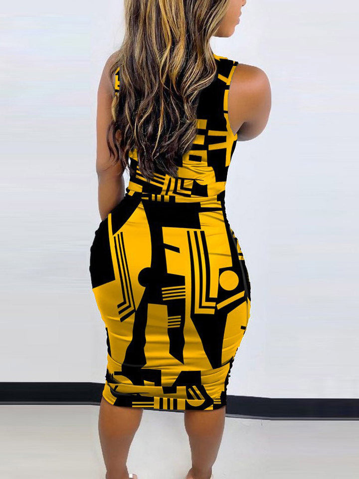 Print Sleeveless Pencil Midi Dress Yellow Black / XL
