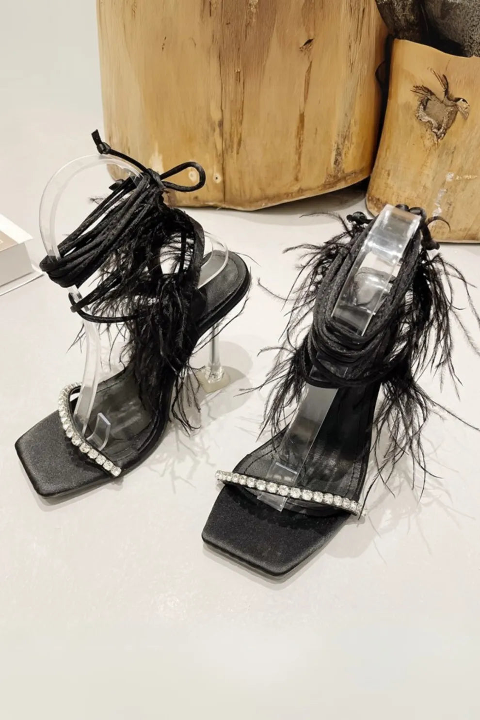 Rhinestone Feather Tie-up Square Toe Sandals