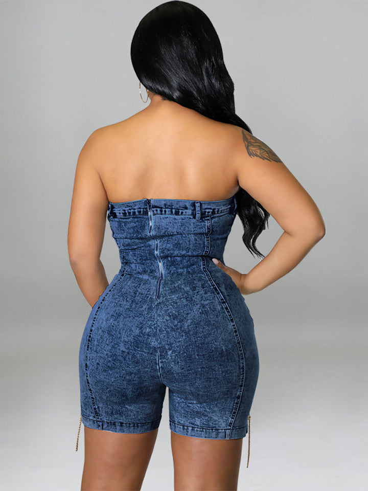 Strapless Denim Lace-up Romper Dark Blue / L