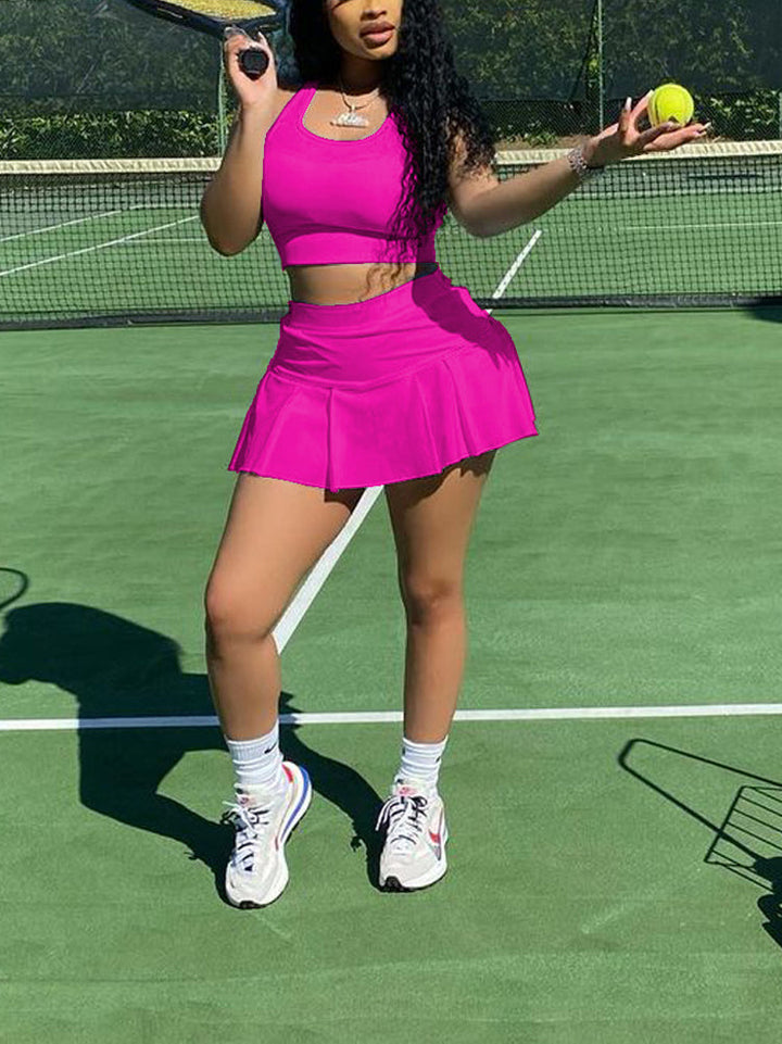 Sleeveless Top Pleated Skirt Set Orange / XL