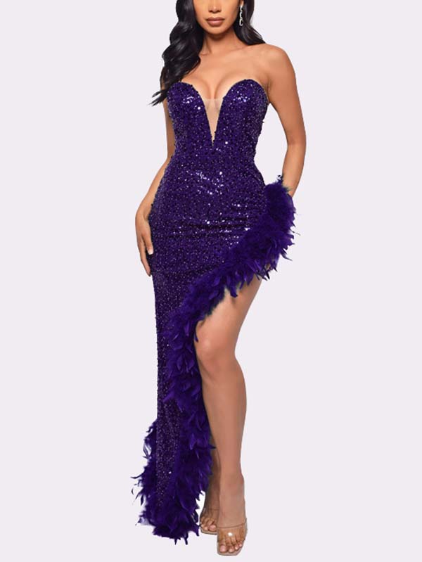 Sequin Feather Trimmed Dress Blue / M