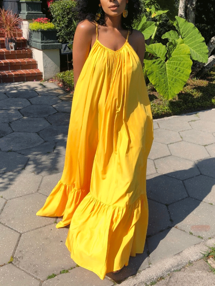 Spaghetti Strap Ruffle Maxi Dress Yellow / 4XL