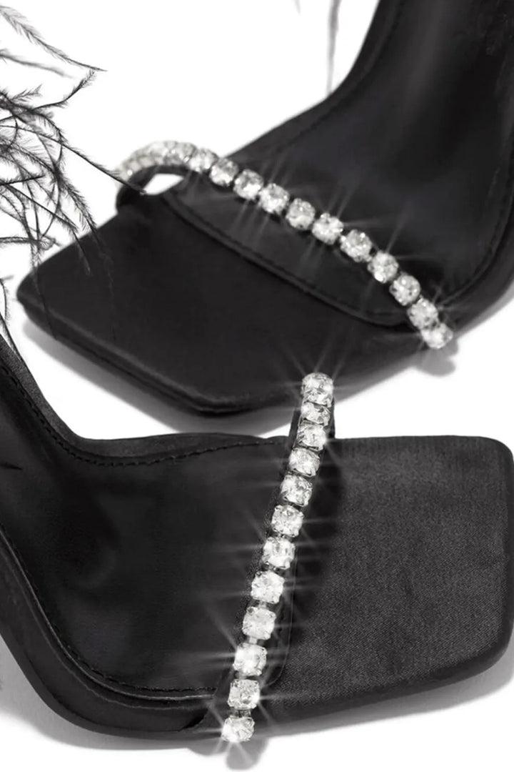 Rhinestone Feather Tie-up Square Toe Sandals