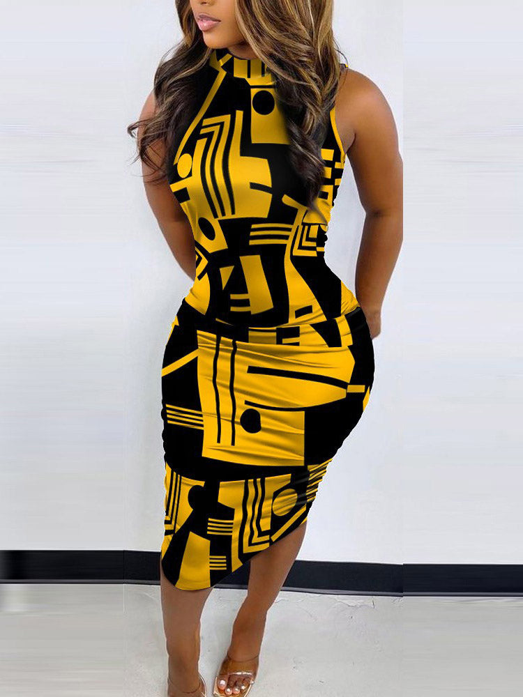 Print Sleeveless Pencil Midi Dress Yellow Black / L