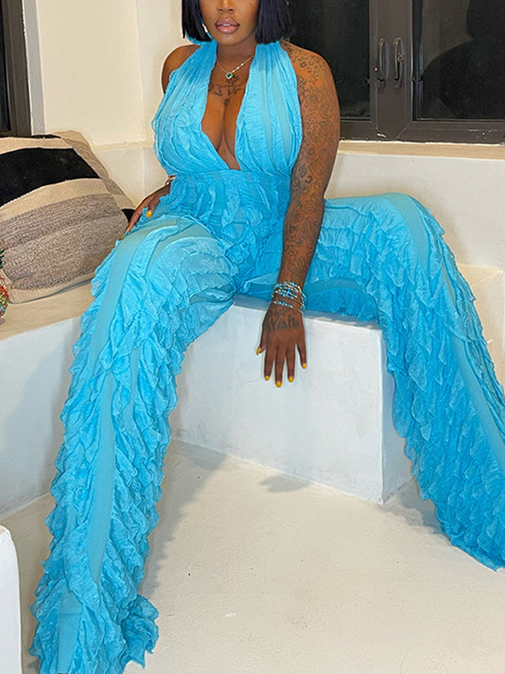 Halter V Neck Fringe Jumpsuit Sky Blue / M