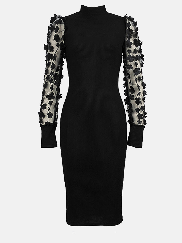 Embroidery Mesh Sleeve Knit Dress Black / XL