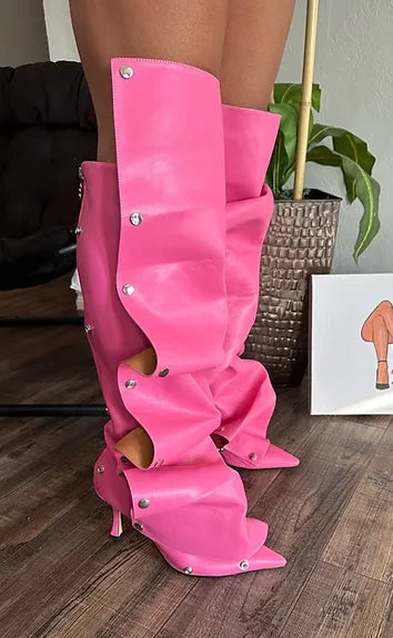 Metal Rivet Denim Patchwork Boots