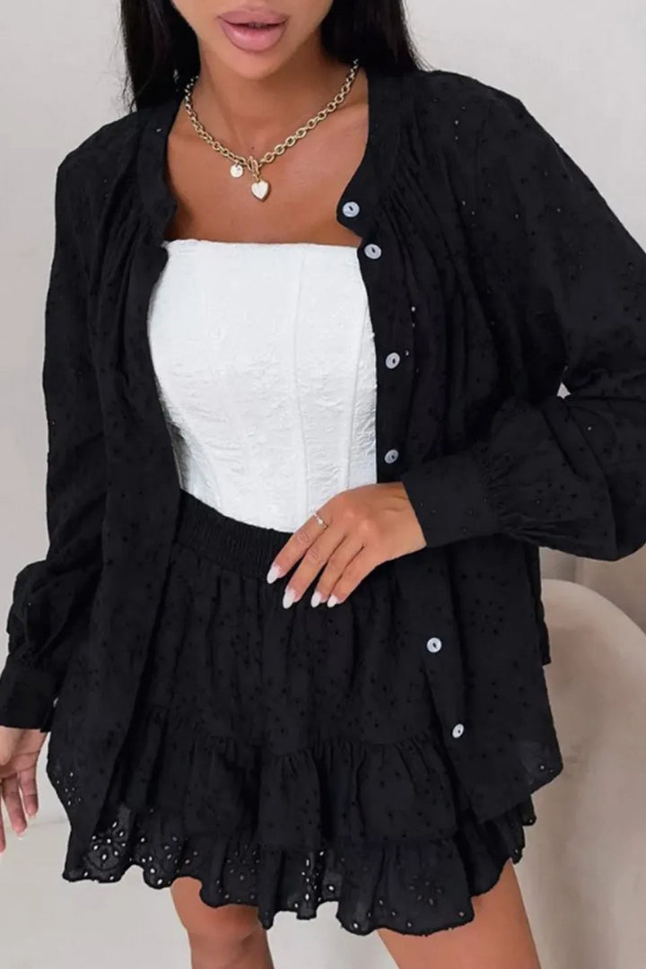 Hollow-out Jacquard Blouse Tiered Shorts Set