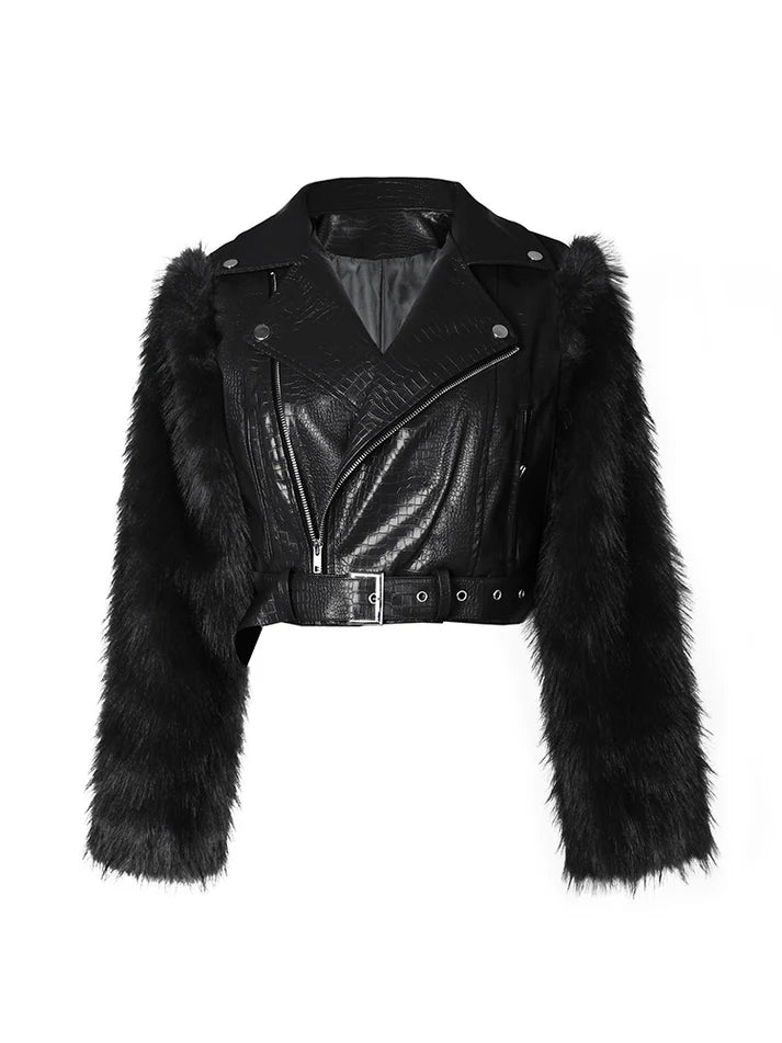 Faux Fur Sleeve & Croc-Embossed Jacket