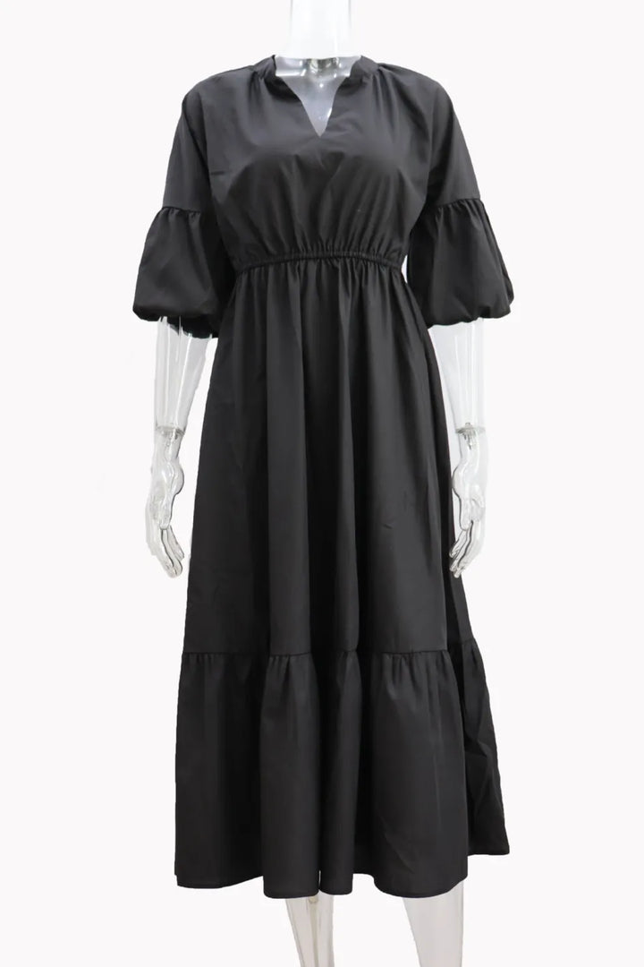 Half Sleeve V Neck High Waist Midi Dress