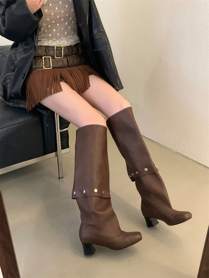 Riveted Detachable Round-Toe Long Boots