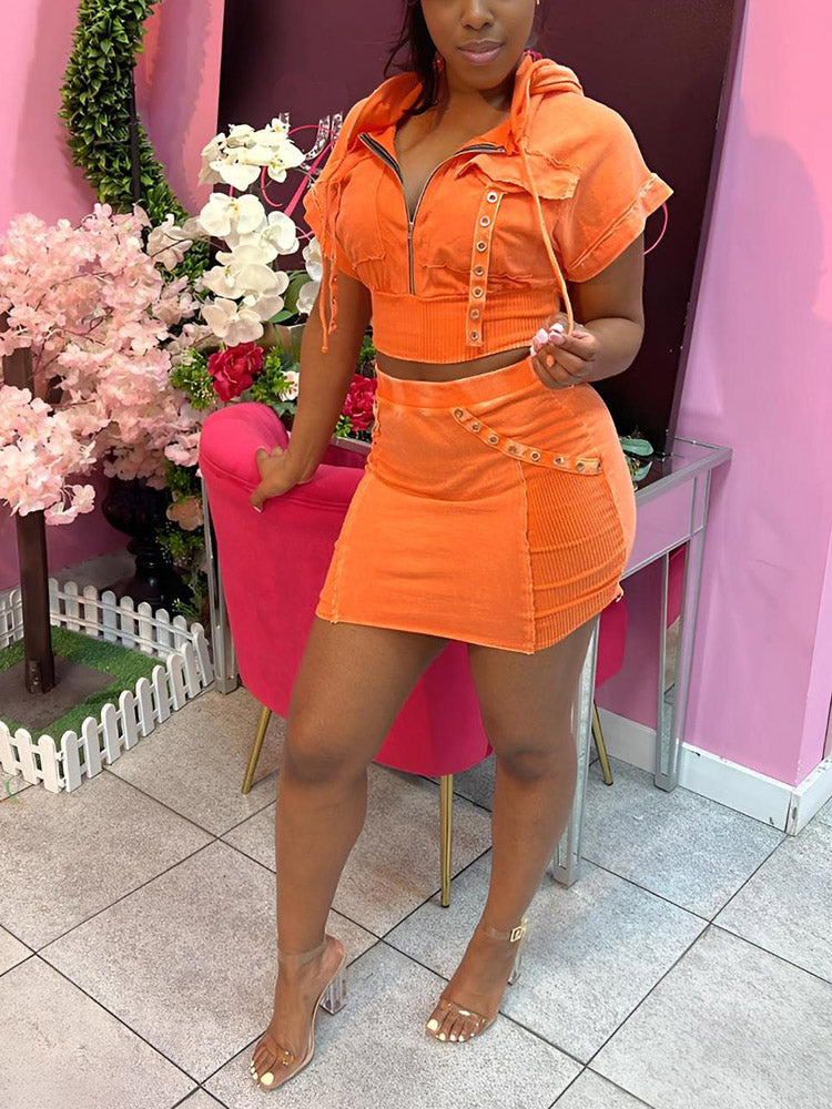 Washed Hoodie Top & Mini Skirt Set Orange / S