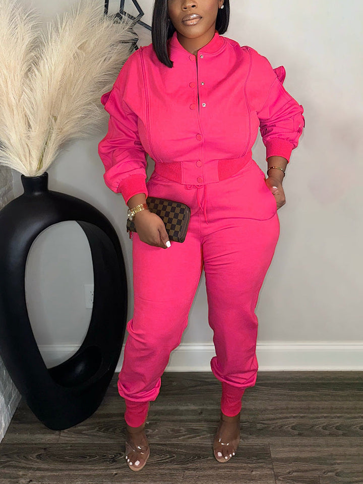 Zipper Crop Jacket Jogger Set Rose / 2XL