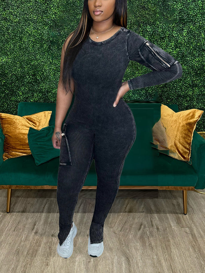 One-Shoulder Washed Jumpsuit *Black / L