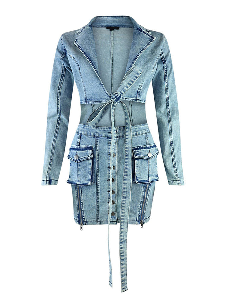 Cutout Button Denim Dress Light Blue / XL