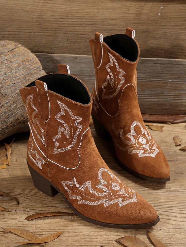 Pointed Toe Embroidered Women's Leather Boots