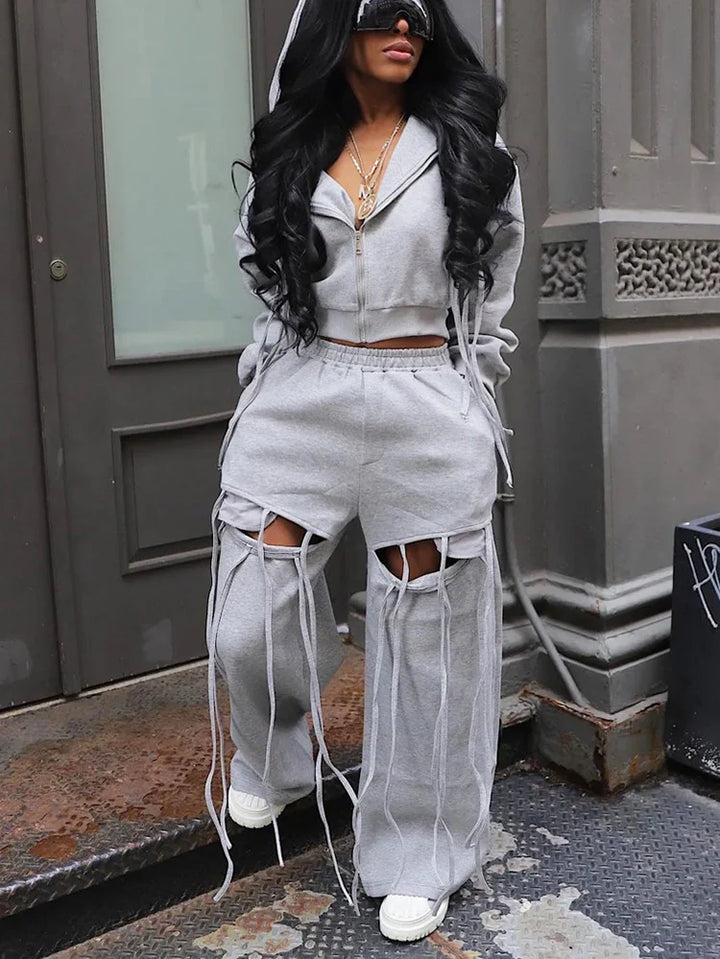 String Hoodie Jacket And Cutout Pants Set
