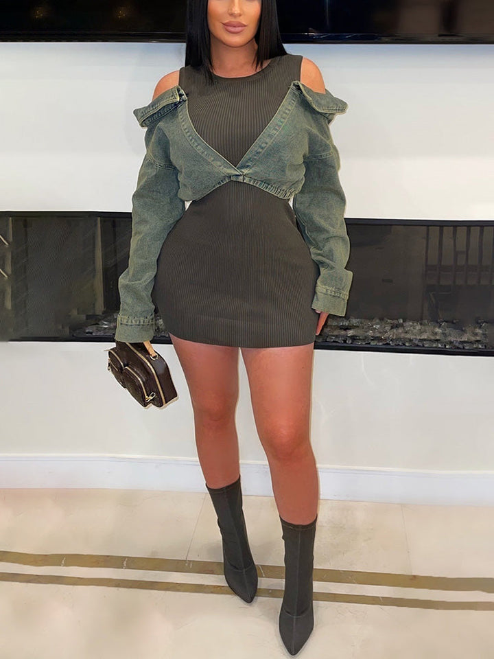 Denim Contrast Ribbed Mini Dress Olive Green / S
