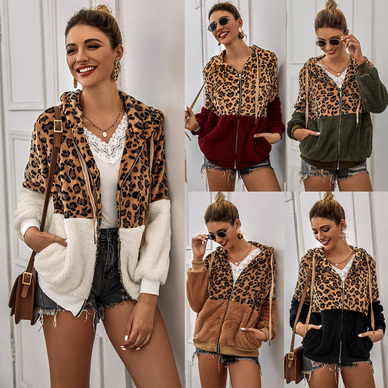Leopard Print Patchwork Thickened Fleece Sweatshirt