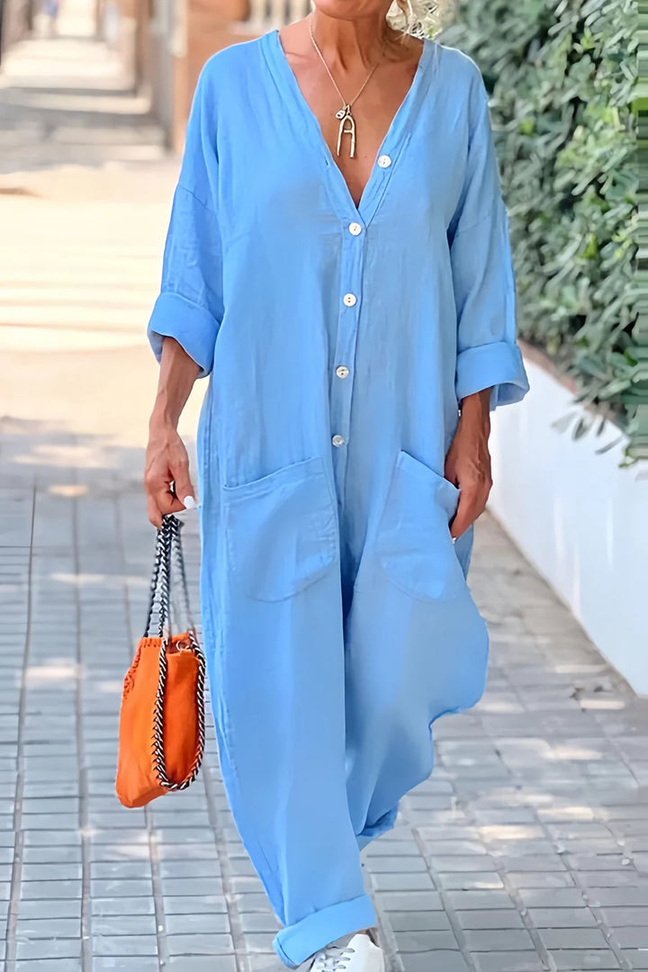 V Neck Button-up Cotton Linen Baggy Jumpsuit
